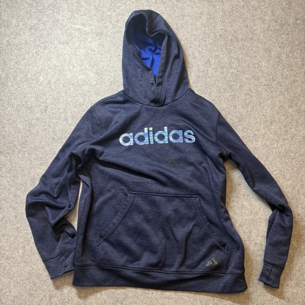 Adidas Climawarm Womens L 16-18 Hoodie Blue Heather Logo Pullover Thumbholes